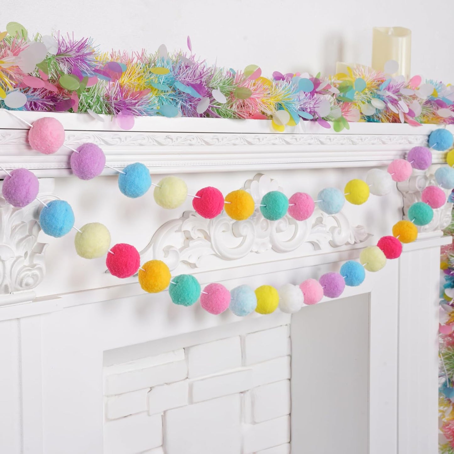 XmasExp Pastel Colorful Pom Pom Garland Decorations - Large Spring Felt Ball Garland for Classroom,Christmas, Mantle Decor, Easter Tree Ornaments, Baby Shower and Party Hanging Decor,13 Ft.