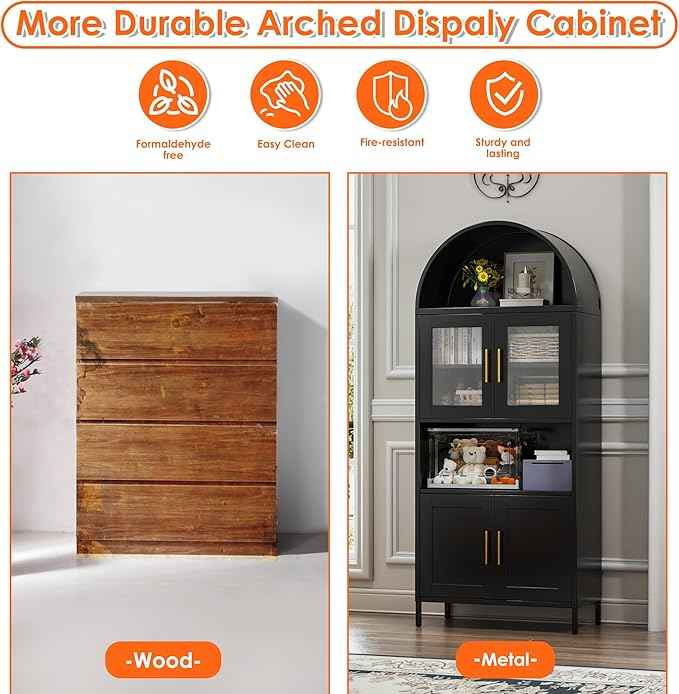 Metal Arched Cabinet with Glass Doors, Tall Arch Display Bookshelf, Kitchen Pantry Cabinet for Home Office,Required Assembly(Black)