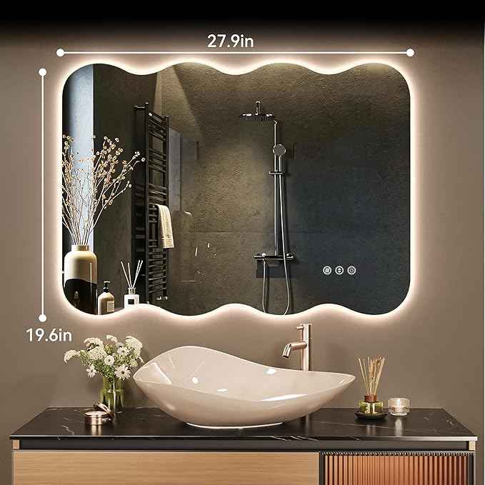 Hasipu Wavy Full Length Mirror with Lights - 28"×20" LED Wavy Floor Mirror, Frameless, Dimmable, Standing or Vertical/Horizontal Wall-Mounted Mirror for Bedroom, Living Room, Cloakroom