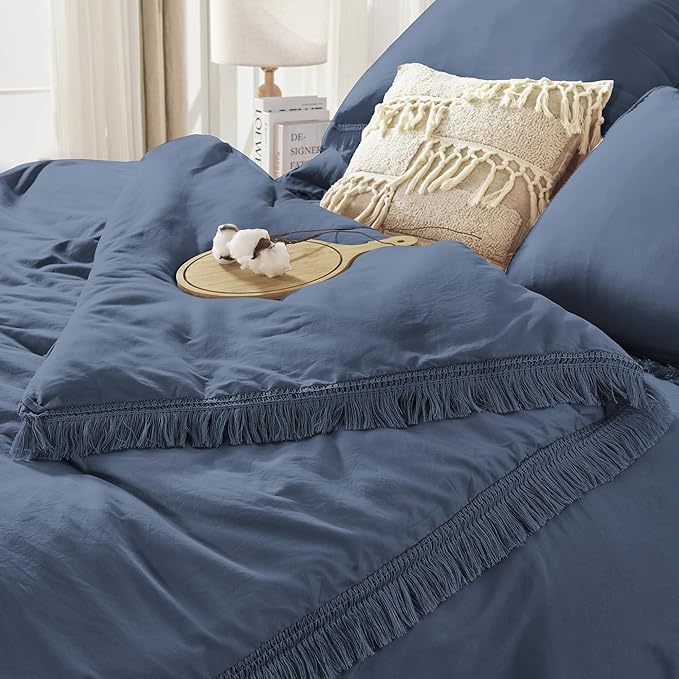 Andency Queen Comforter Set with Sheets Bluish Grey - 7 Pieces Boho Tassel Bed in a Bag Soft Lightweight Bedding Sets, Fringe Bed Set with Comforter, Sheets, Pillowcases & Shams