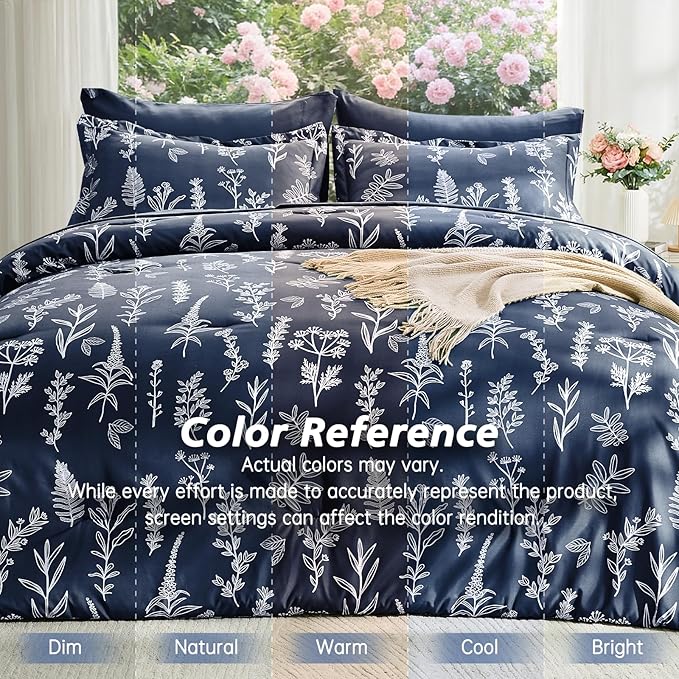 MUXHOMO Navy Blue Bed in a Bag Queen 7 Pieces, Queen Comforter Set Reversible Botanical Flowers Design, Ultra Soft & Breathable Bedding Sets with Comforter, Sheets, Pillowcases & Shams