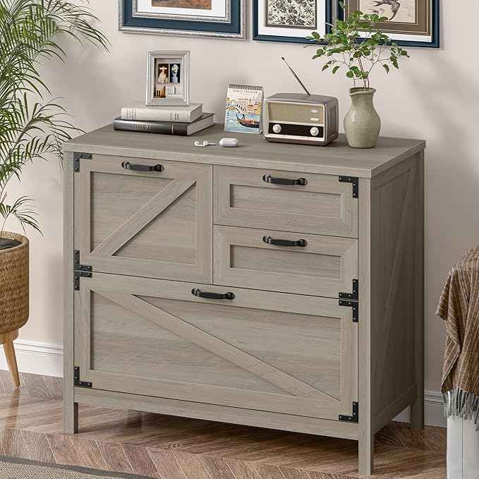 Wood Lateral File Cabinet with 4-Drawer for Hanging Files Letter/A4/Legal Size, Large Farmhouse Filing Cabinets for Home Office, Printer Stand with Office Cabinet, Office Furniture, Rustic Grey