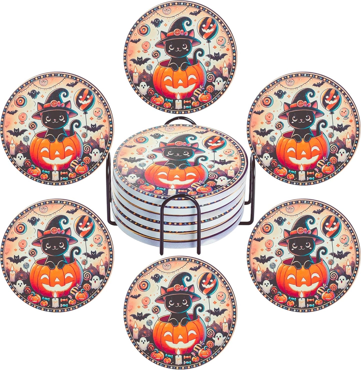 Halloween Ceramic Coasters Set of 6 with Holder – Black Cat in Pumpkin Design – Non-Slip Absorbent Drink Coasters for Halloween Party Decor and Gifts