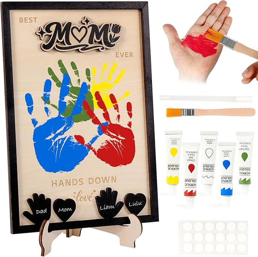 Mothers Day Gifts from Kids, DIY Handprint Craft Kit with 5 Non-Toxic Paint, Wooden Family Keepsake Frame with Kids Names, Hands Down Best Mom Ever Sign, Mothers Day Gift from Son Daughter