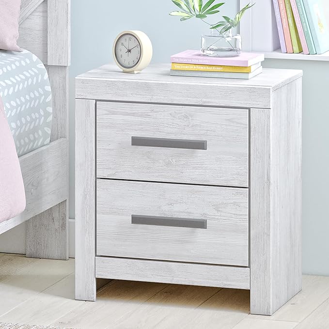Signature Design by Ashley Cayboni Casual Nightstand with Framed Front and Pilasters, 2 Storage Drawers, Large Black Handles, Wood, 24.37" High, White