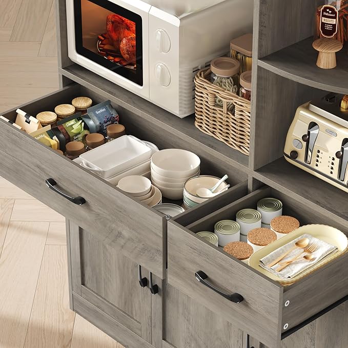 67" Kitchen Pantry Cabinet, Modern Kitchen Hutch with 5 Doors and 2 Drawers, 3-Tier External Shelf, Large Pantry Storage Cabinet with Microwave Stand for Dining Room, Ash Gray