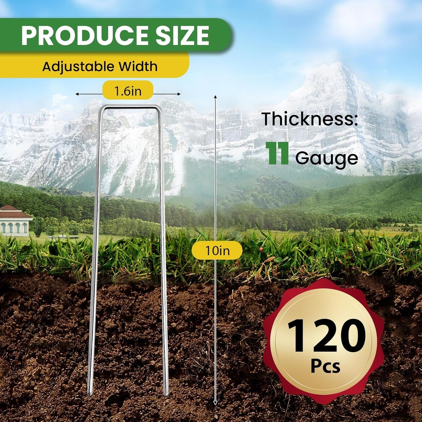 Landscape Staples Galvanized 10 Inch 120 Pcs, Metal Garden Stakes 1.6 Inch, Garden Staples for Lawn 11 Gauge