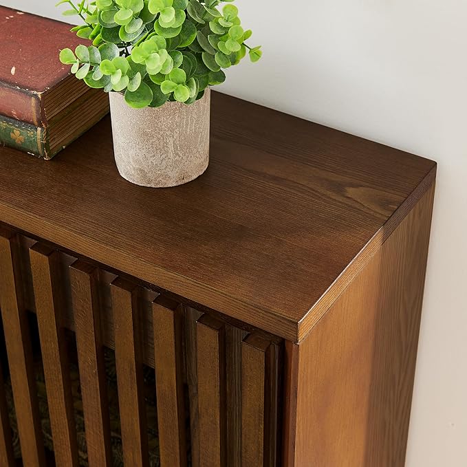 Ball & Cast 39" Narrow Sideboard Cabinet with Storage, Mid Century Modern Buffet Credenza Cabinet w/Fluted Doors & 2 Outlet Holes,for Living Room,Dining Rooms, Entryway, Kitchen Coffee Bar, Walnut