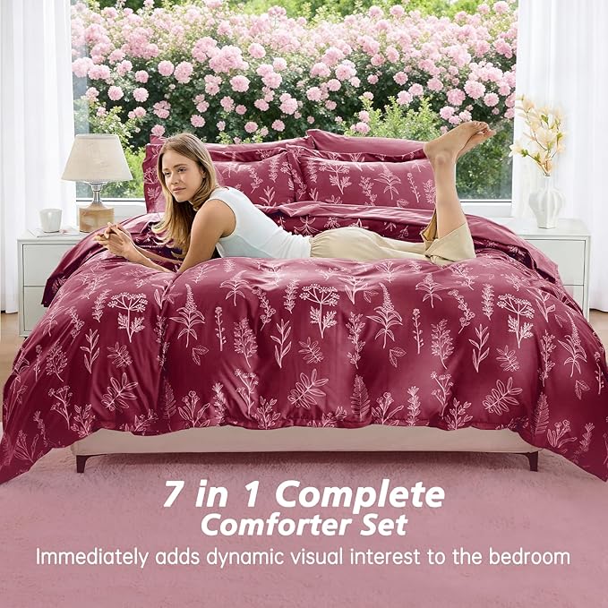 MUXHOMO Burgundy Bed in a Bag Queen 7 Pieces, Queen Comforter Set Reversible Botanical Flowers Design, Ultra Soft & Breathable Bedding Sets with Comforter, Sheets, Pillowcases & Shams