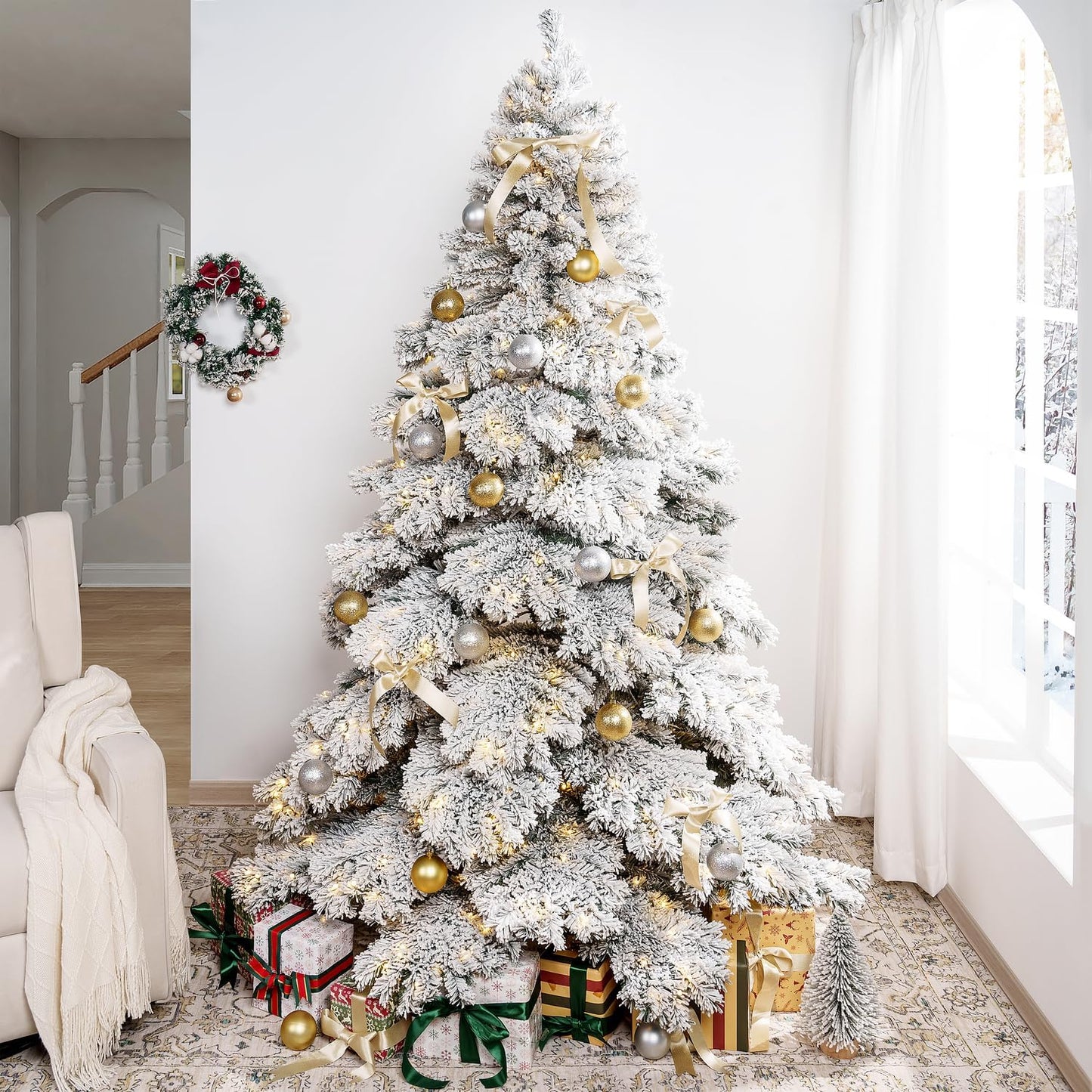 Naomi Home 7.5ft Snow Flocked Christmas Tree with Lights, Realistic Frosted Prelit with 1324 Branch Tips, 650 Warm Lights and Metal Stand, Aritificial Tree