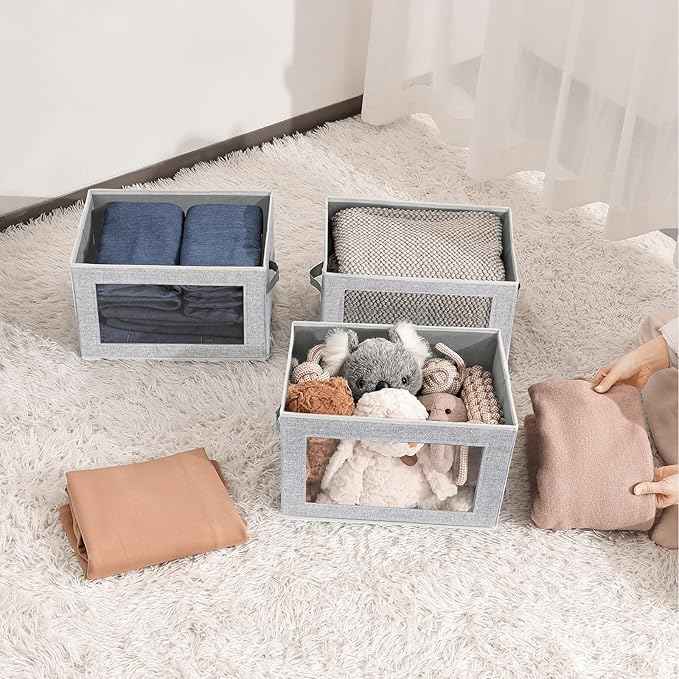 Fabric Storage Bins with Lids - 3 Packs Storage Cubes with Window, Foldable Storage Baskets Bins for shelves, Closet Storage Boxes for Towels, Clothes, Home, Office, Blended