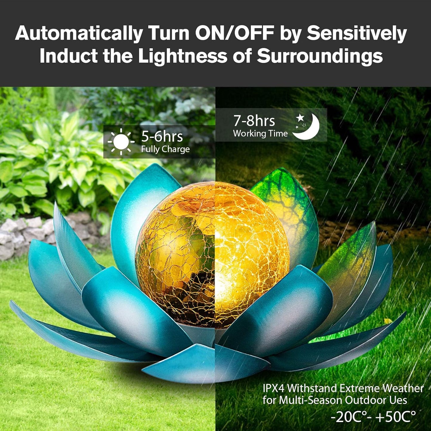 Solar Light Outdoor(2Pack), Art Crackle Globe Glass Lotus Decoration, Solar LED Waterproof Blue Metal Flower Lights for Patio,Lawn,Walkway,Tabletop