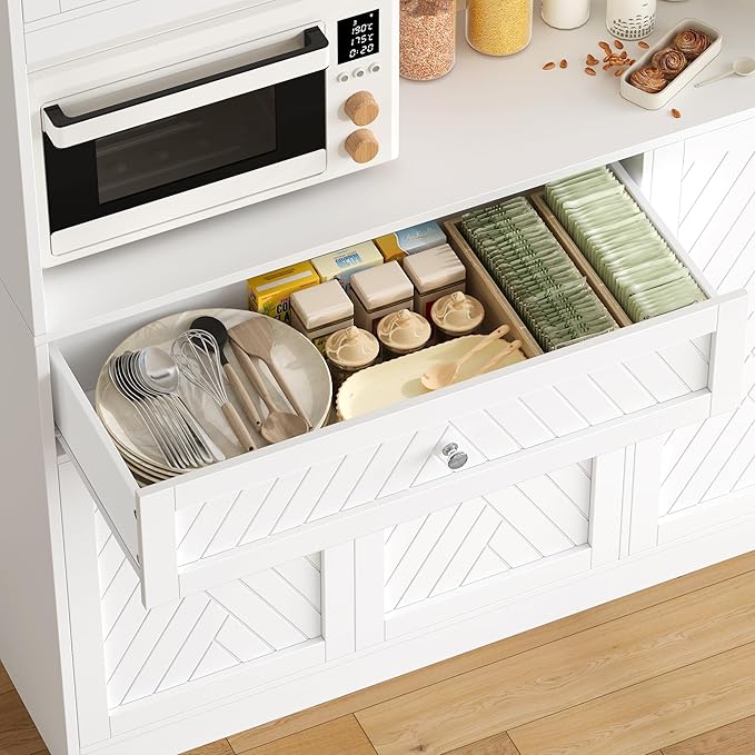 72” Tall Kitchen Pantry Storage Cabinet, Modern White Kitchen Hutch with Large Storage Drawer, Countertop, Adjustable Shelves, Food Pantry Cabinets for Dining Room, Living Room