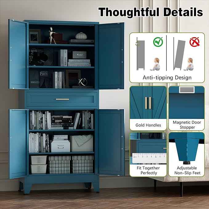 COFaR Farmhouse Storage Kitchen Pantry Cabinet with 4 Barn Door, 4 Adjustable Shelves, Drawer and Legs, for Cupboard/Dining Room/Bathroom/Living Room/Office/Laundry Room(Blue Green, 71" Metal Cabinet)