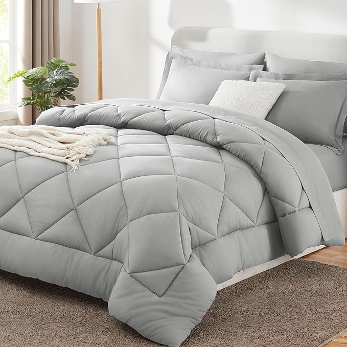 CozyLux Oversized Queen Comforter Set Light Grey, 7 Pieces Bed in a Bag Comforter Set with Sheets Luxury Bed Set All Seasons, Bedding Set with Down Alternative Comforter, Sheets, Pillowcases & Shams