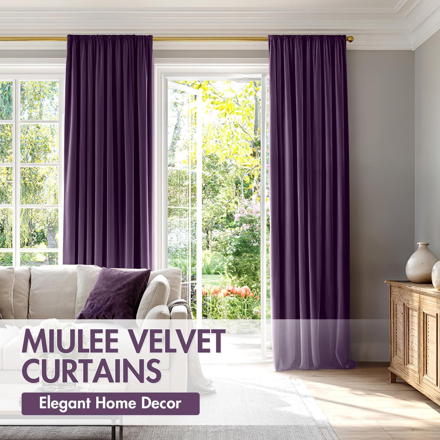 MIULEE Purple Velvet Curtains Thermal Insulated Blackout Curtain Drapes for Bedroom Living Room Darkening 90 Inches Long Curtains Panels Rod Pocket Set of 2