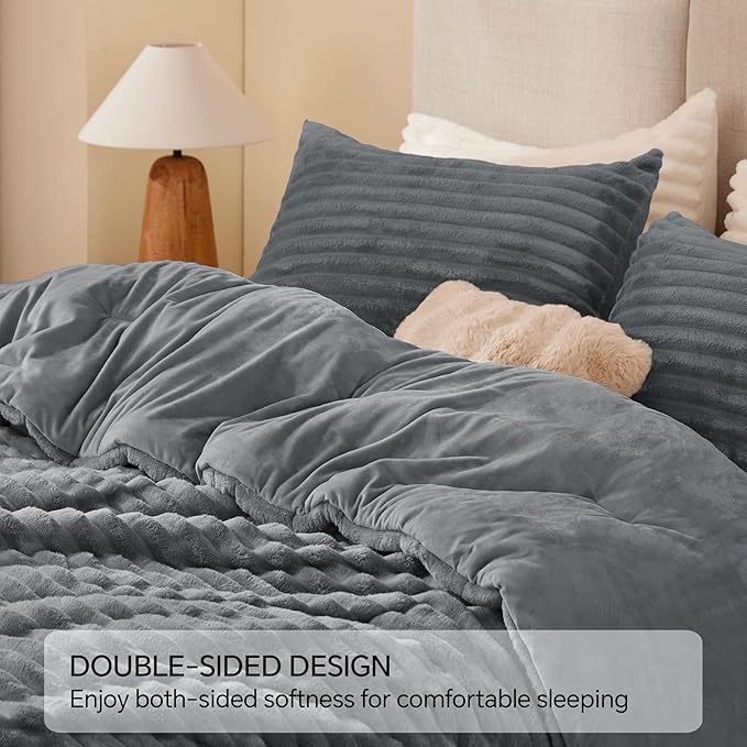 BEDELITE Fleece Full Comforter Set -Super Soft & Warm Grey Bedding, Luxury Fuzzy Heavy Bed Set for Winter with 2 Pillow Cases
