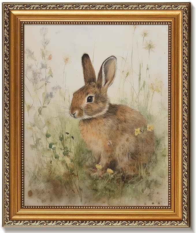 uniro Vintage Gold Framed Wall Art for Home Decor, Farmhouse Decor Easter Bunny Canvas Art Prints Painting, Antique Neutral Rabbit Picture Wall Decor, Rustic Animal Nursery Frame Art for Bedroom, Gallary, Living Room, Office, Cottagecore decor - 8x10Inch
