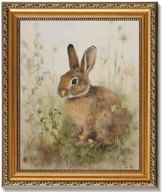 uniro Vintage Gold Framed Wall Art for Home Decor, Farmhouse Decor Easter Bunny Canvas Art Prints Painting, Antique Neutral Rabbit Picture Wall Decor, Rustic Animal Nursery Frame Art for Bedroom, Gallary, Living Room, Office, Cottagecore decor - 8x10Inch