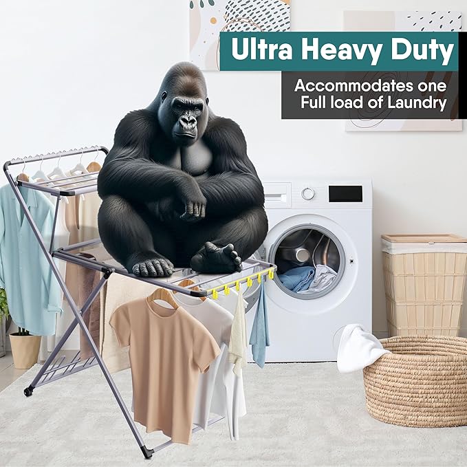 XABITAT Clothes Drying Rack with Shoe Dryer, No Assembly, Metal Construction, Non-Slip Feet, 2 Level with Hooks, Hidden Wheels, Foldable, Portable, Ideal for Laundry Room, Indoor & Outdoor