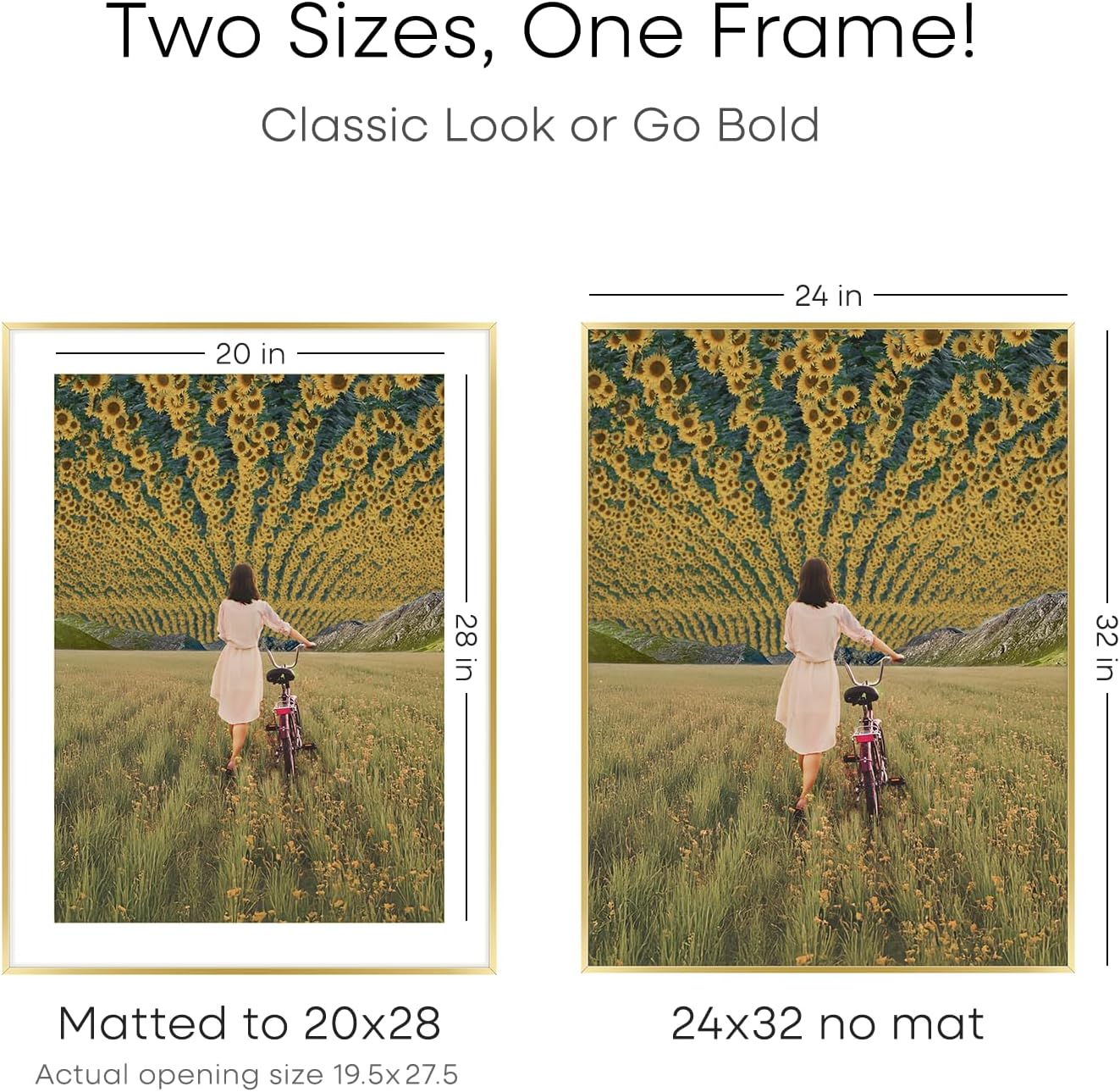 Homeforia 24x32 Poster Frame Gold, High End Metal 24 x 32 Large Picture Frames with Mat 20 by 28 for Photo, 24x32 Gold Frame Matted to 20x28 inch Print, 32x24 Frame, Tempered Glass, Wall Kit, Set of 1