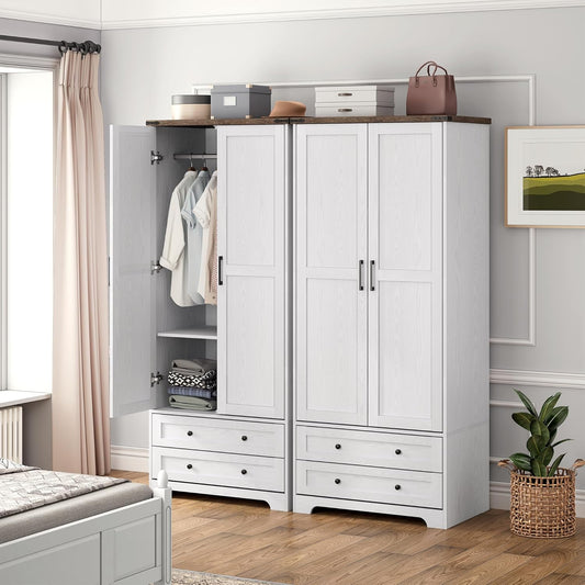 Brafab Armoire Wardrobe Closet with 2 Modern Doors, 71" Tall Freestanding Closet Wardrobe Cabinet with Drawers and Hanging Rail, Light Wooden Storage Cabinet with Shelve for Bedroom (White, 4 Doors)