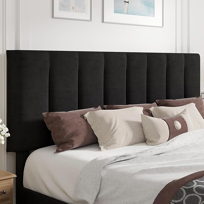 VECELO King Size Bed Frame with Upholstered Headboard, Heavy-Duty Bedframe with Strong Wooden Slats Support, No Boxing Spring Needed, Black
