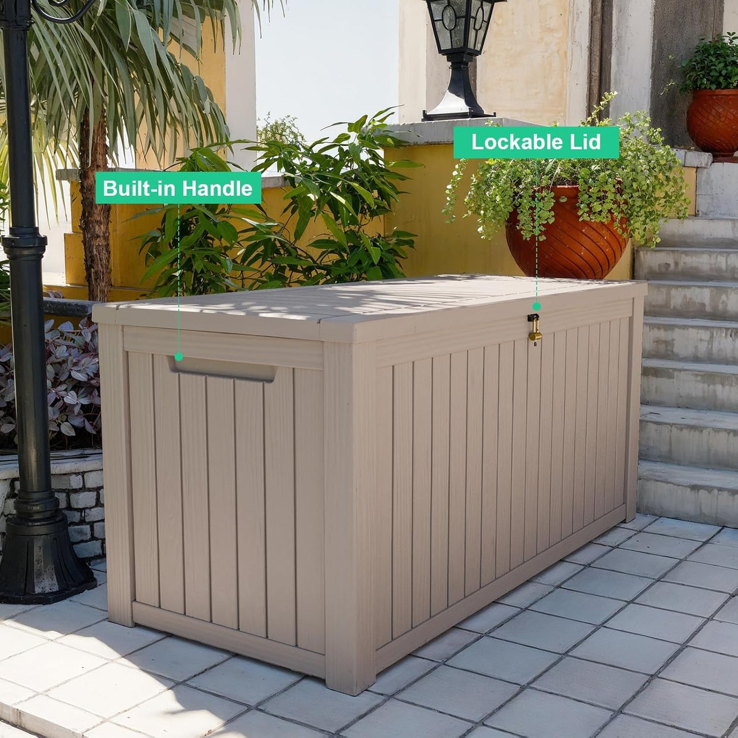 180 Gallon Outdoor Deck Box,Storage Lockable Waterproof Patio Furniture,Garden Tools,Cushions,Pool Accessories Outside Storage Resin Box(Grey)