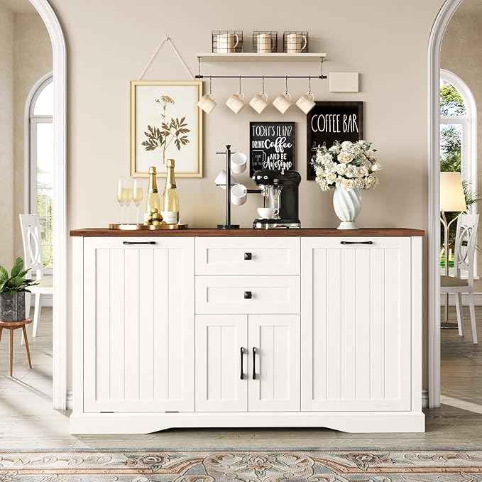 Vabches Farmhouse Buffet Cabinet with Tilt Out Trash Can, 55" Coffee Bar Cabinet&Sideboard with Storage and Drawers, Hidden Garbage Cabinet for Kitchen, Rustic White