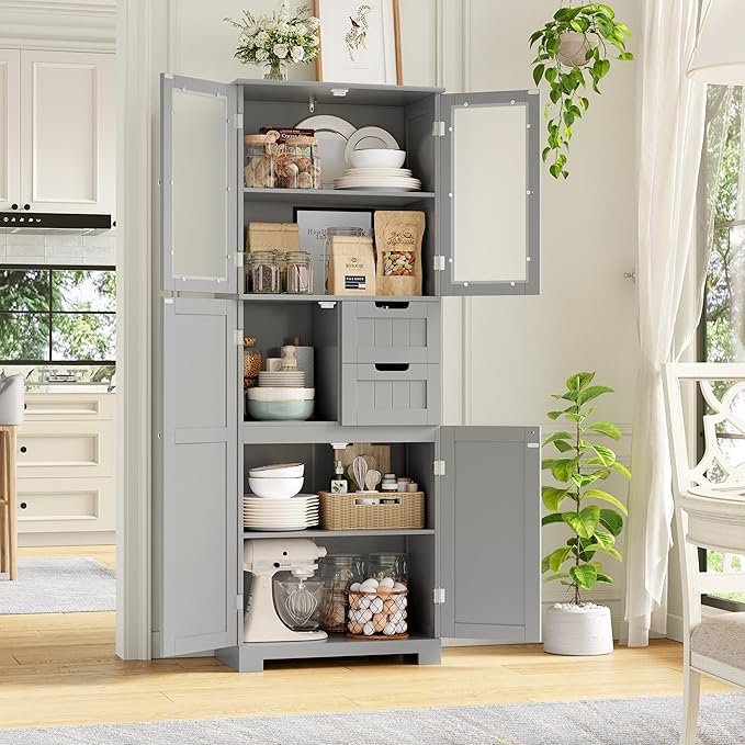 67'' Tall Bathroom Storage Cabinet, Kitchen Pantry Cabinet with Glass Doors and Adjustable Shelves, Kitchen Cupboard with 2 Drawers for Bathroom, Dining Room, Grey