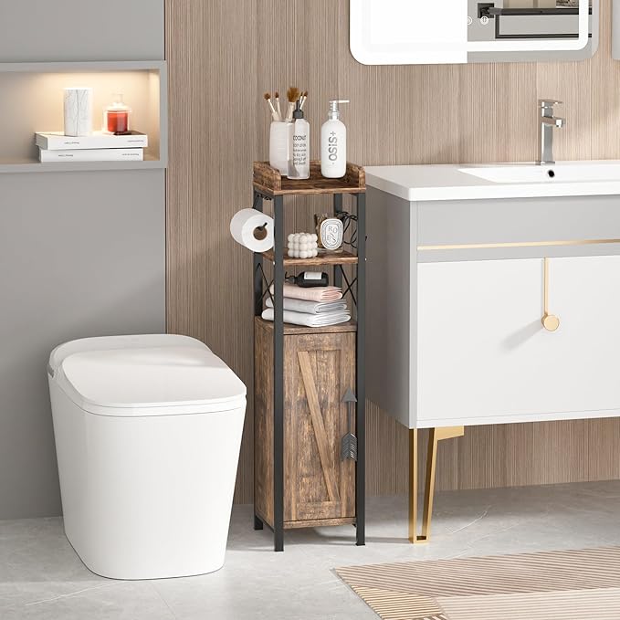 VECELO Slim Toilet Paper Holder, Small Cabinet with Door & 2 Shelves Fenced Top, Bathroom Narrow Storage Organizer for Restroom Bathroom Tiny Space, Rustic Brown