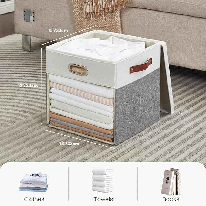 Fabric Storage Cubes with Clear Windows and Lids, 13'' Foldable Storage Bins with 3 Handles, Decorative Storage Boxes for Home, Bedroom, Closet, Office (Gray & White)