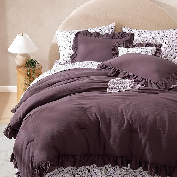 Full Comforter Set - 7 Pieces Ruffle Purple Bedding Sets, Shabby Chic Farmhouse Bed in a Bag Full with Ruffle Comforter, Floral Sheets, Pillowcases & Shams