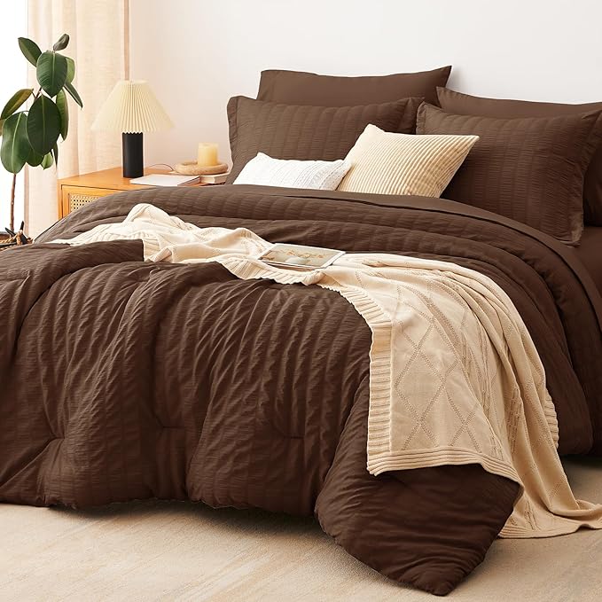 CozyLux Twin Comforter Set with Sheets 5 Pieces, Brown Seersucker Textured Bed in a Bag, Luxury Soft Bedding Set with Down Alternative Comforter, Sheets, Pillowcases & Shams for All Seasons