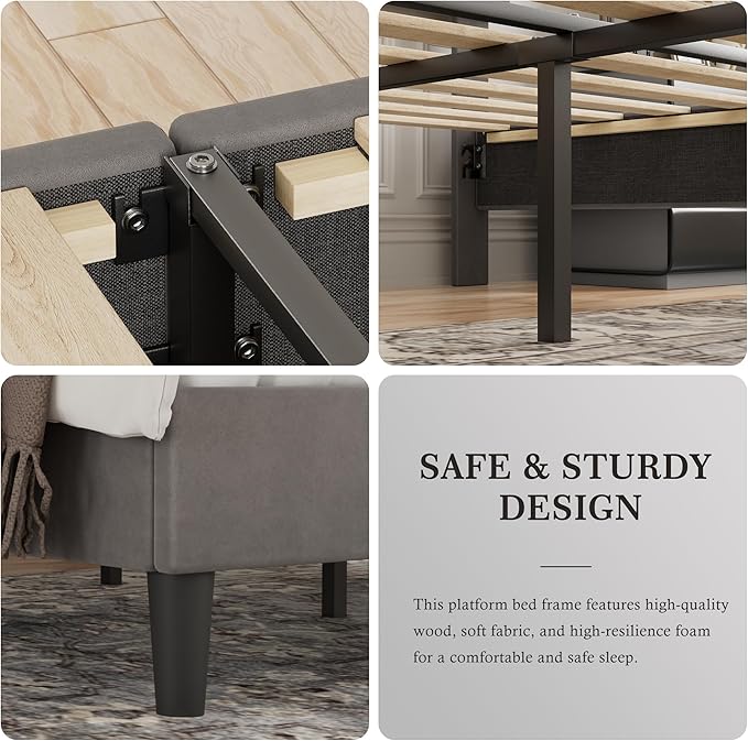 VECELO Full Size Bed Frame with Upholstered Headboard, Platform Bedframe with Strong Wooden Slats Support, No Boxing Spring Needed, Dark Grey