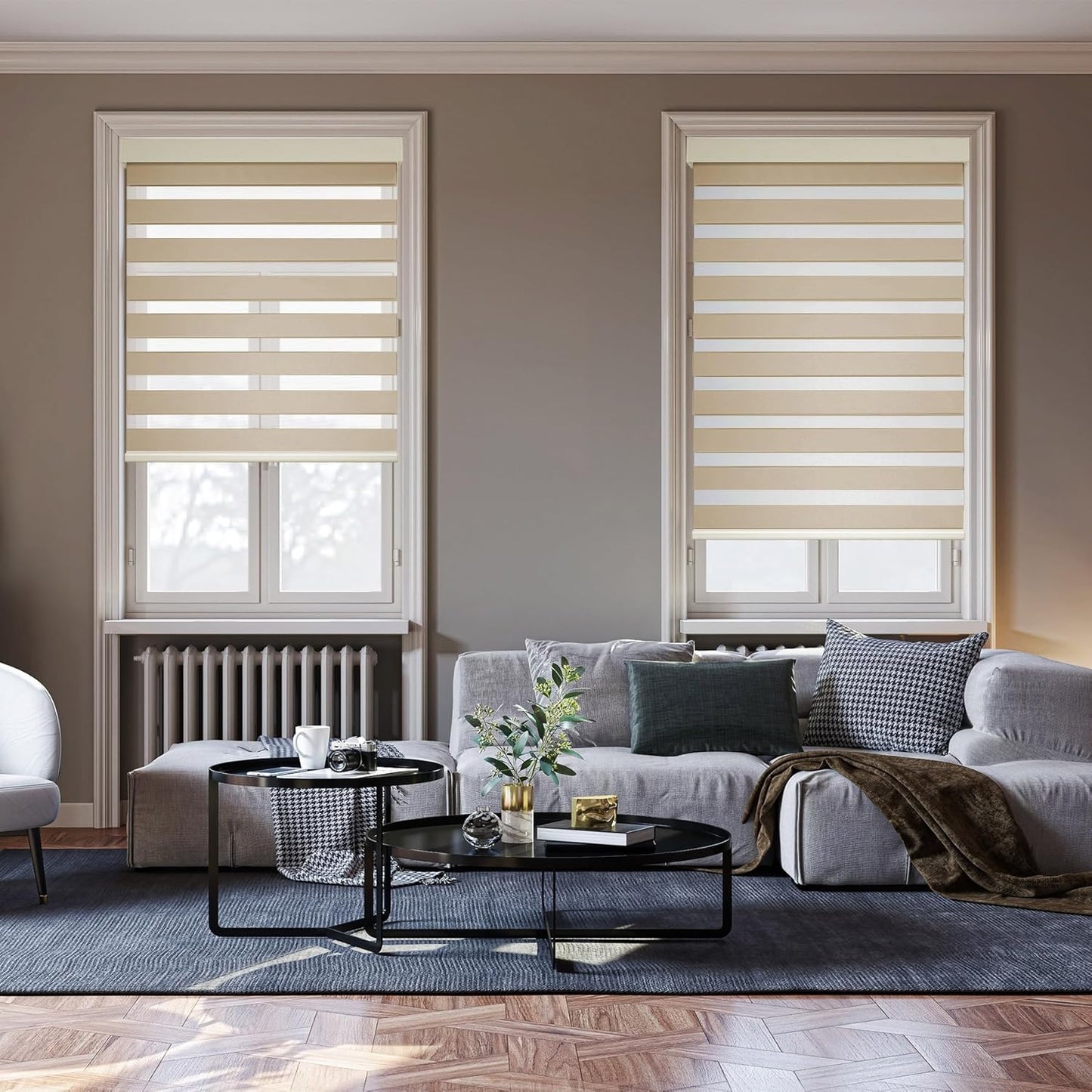 HESTIA Cordless Zebra Blinds Light Filtering Roller Shades UV Blocking Blackout Privacy Indoor Window Shades for Home Office Day and Night, Beige,44" W x 54" H