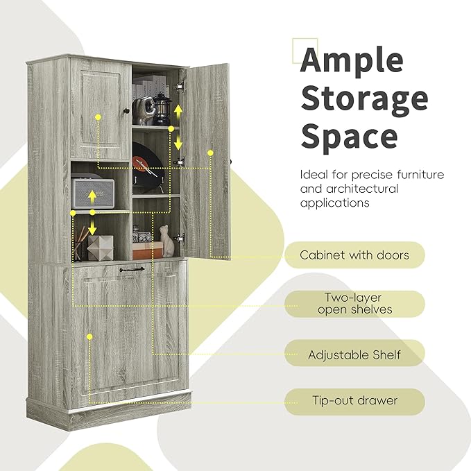 68" Tall Bathroom Storage Cabinet with Two Doors and Laundry Hamper for Home Display Organizer, Adjustable Shelf, Oak