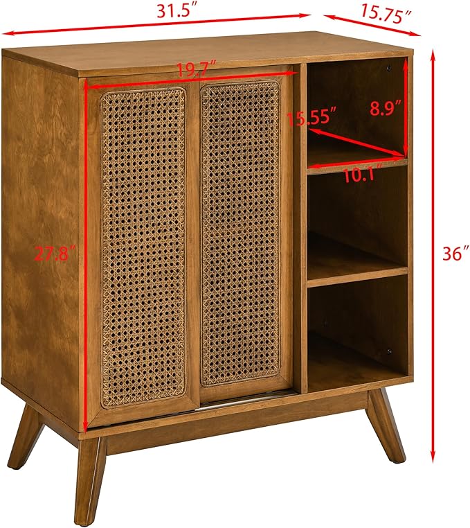 Ball & Cast 32" Mid Century Modern Rattan Sideboard Cabinet with 2 Sliding Doors, Buffet Cabinet w/Adjustable Shelf & Solid Wood Legs for Entryway, Living Room, Kitchen,Dining Room, Light Walnut