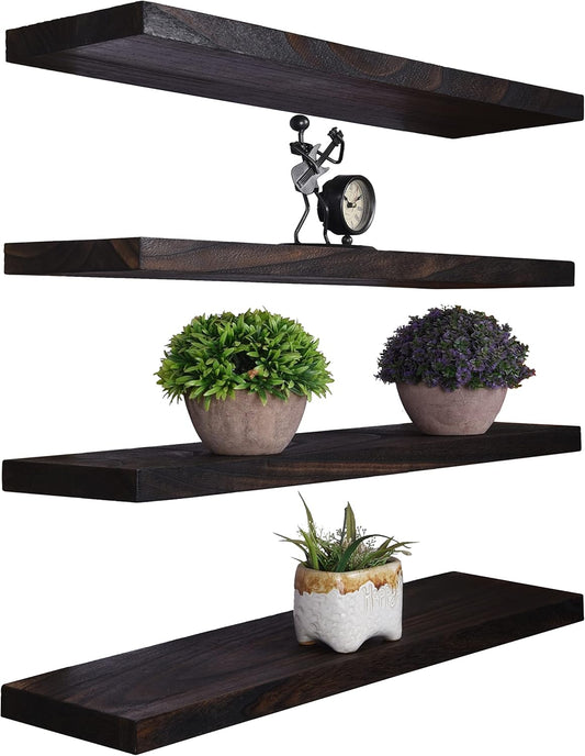 Wood Floating Shelves for Wall Decor, Rustic Wall Shelves for Bedroom Bathroom Kitchen Living Room, Set of 4 Walnut 24 Inch - Décor Diaries