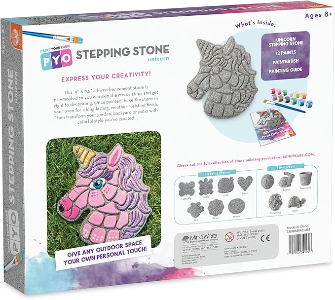 MindWare Paint Your Own Stepping Stone Unicorn - Kit Includes Weather Proof Stone, Paint and Brushes