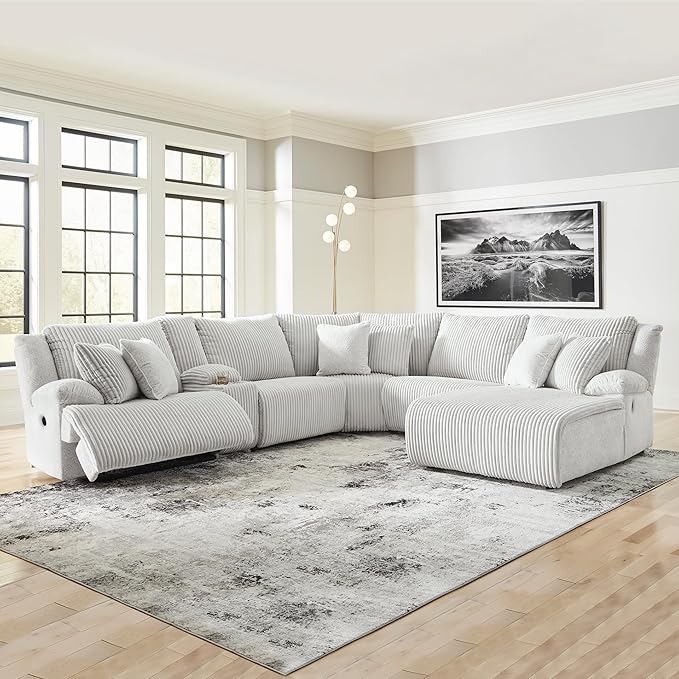 Signature Design by Ashley Top Tier Modern Left-Arm Facing 6-Piece Reclining Sectional with Chaise, Armrest, Throw Pillows and Storage, Light Gray