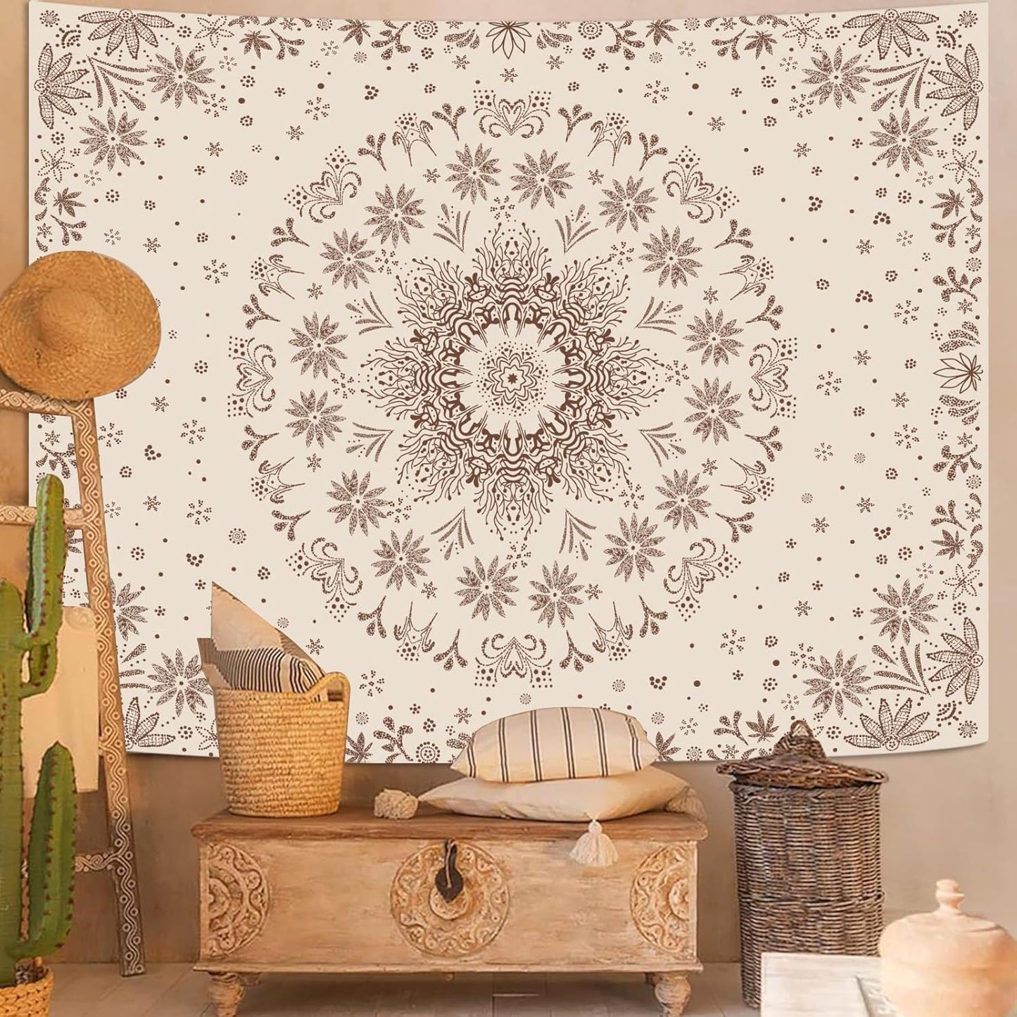 Fowocu Boho Floral Mandala Tapestry Wall Hanging Bohemian Flower Medallion Tapestry Aesthetic Beige Brown Hippie Indian Small Tapestries for Bedroom Living Room Dorm Decor 90 x 68 Inch