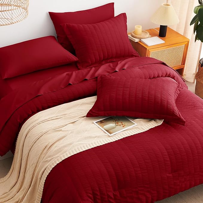 CozyLux Full Size Comforter Sets with Sheets Seersucker 7 Pieces Dark Red Bed in a Bag Textured Luxury Soft Bedding Set with Down Alternative Comforter, Sheets, Pillowcases & Shams for All Seasons