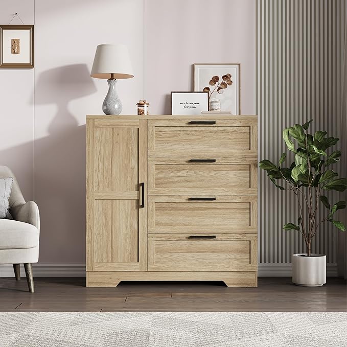 GarveeHome Wood Armoire Wardrobe Closet with 4 Drawers and Door, 43.3 in H Bedroom Wardrobe Cabinet with Hanging Rod, Clothing Storage Cabinets, 4 Drawers Dresser with Storage Closet, Natural Oak