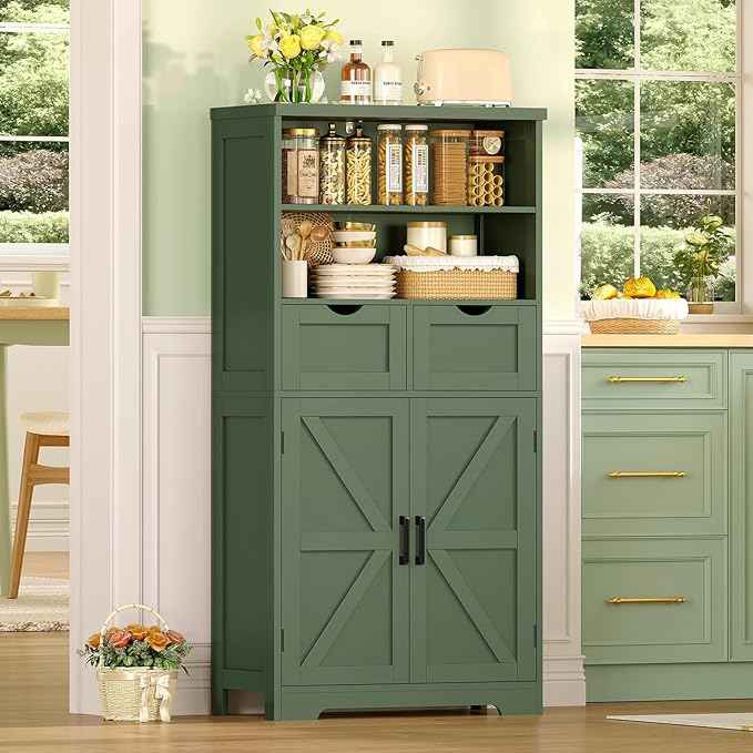 TEENFON Bathroom Cabinet with Adjustable Shelf & 2 Drawers, Farmhouse Storage Cabinet with 2 Doors, Kitchen Storage Cabinets for Living Room, Entryway, Home Office, Forest Green