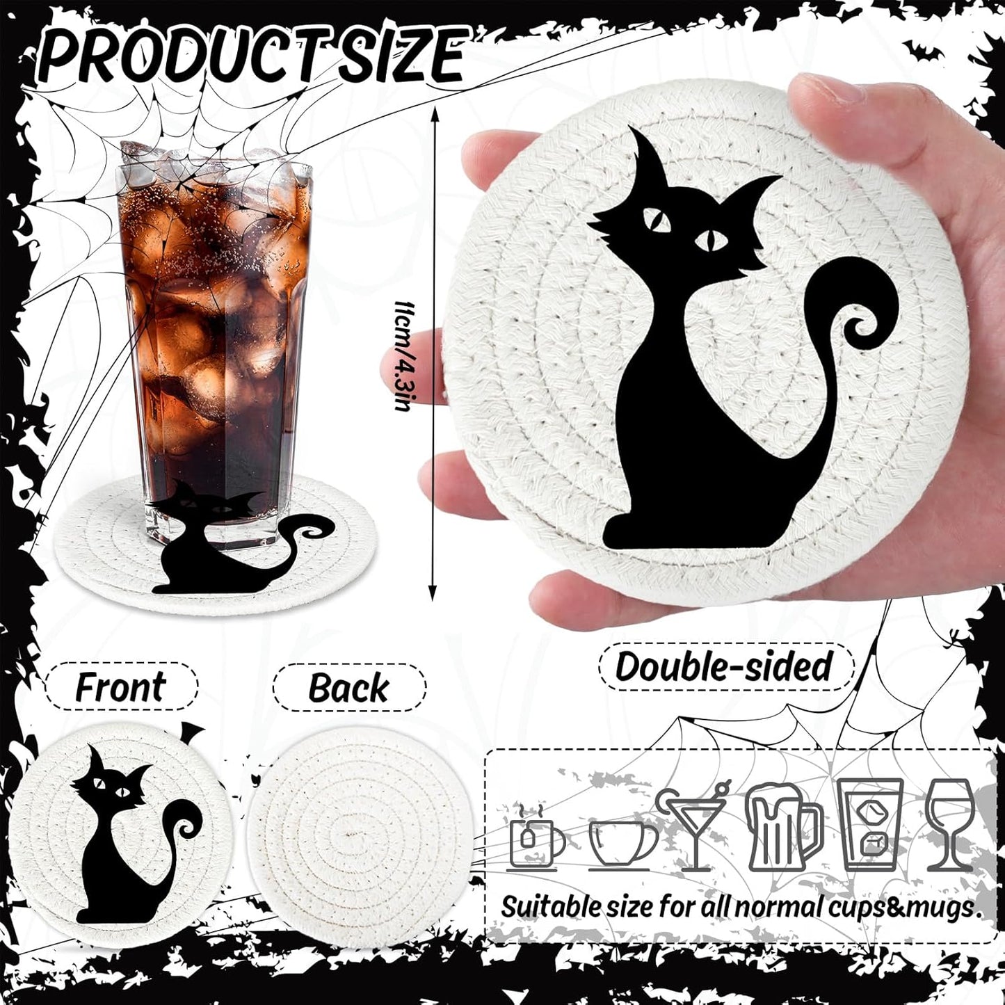 Whaline Halloween Handmade Braided Cotton Coasters Black White Ghost Bat Cat Spiderweb Drink Coasters Absorbent Cup Coasters for Halloween Party Home Office Decor, Set of 4