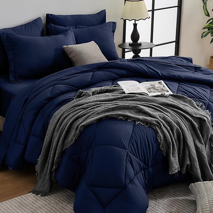 HEVUMYI Navy Blue Full Comforter Set - 7-Piece All Season Bed in a Bag Full, Ultra Soft Bedding Set with Comforter, Flat Sheet, Fitted Sheet, Pillowcases, Pillow Shams, Navy Blue