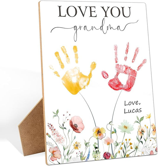 I Love You Grandma Themed Handprint Art Keepsake Making Sign with Stand 9x12", Mothers Day Crafts for Classroom Family Activities, Birthday Gifts for Grandma from Granddaughter Grandson Grandkids
