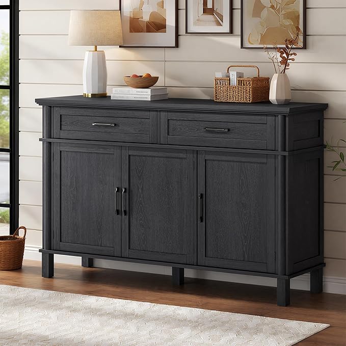 48 Inches Sideboard Buffet Cabinet with Storage, Farmhouse Sideboard Buffet w/2 Drawers and 3 Doors, Kitchen Cabinet with Adjustable Shelf, Wood Kitchen Console Table for Living Room, Hallway, Black