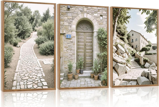 Aurlan Neutral Italy Countryside Landscape Framed Wall Art(16"x24"), 3PCS Vintage Mediterranean City Photography Gallery Canvas Artwork, Large Old Town Architecture Travel Decor Prints for Office Bedroom